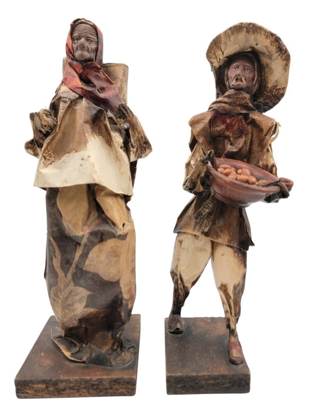 Mexican Folk Art Rustic Paper Figurines Farmer & Woman Unique Vintage 12" Tall